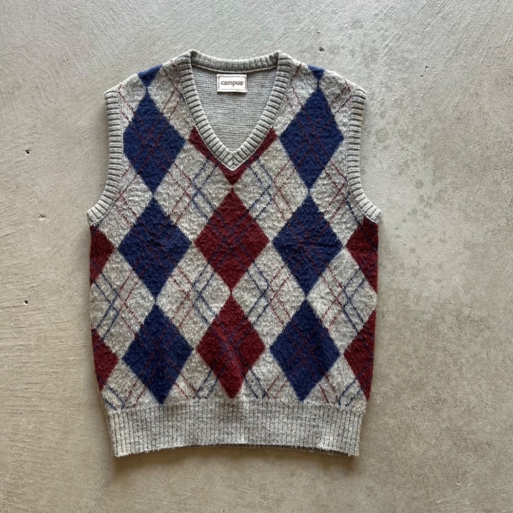 Vintage 70s Campus Argyle Sweater Vest Mens Large Grey Wool Pullover USA Made